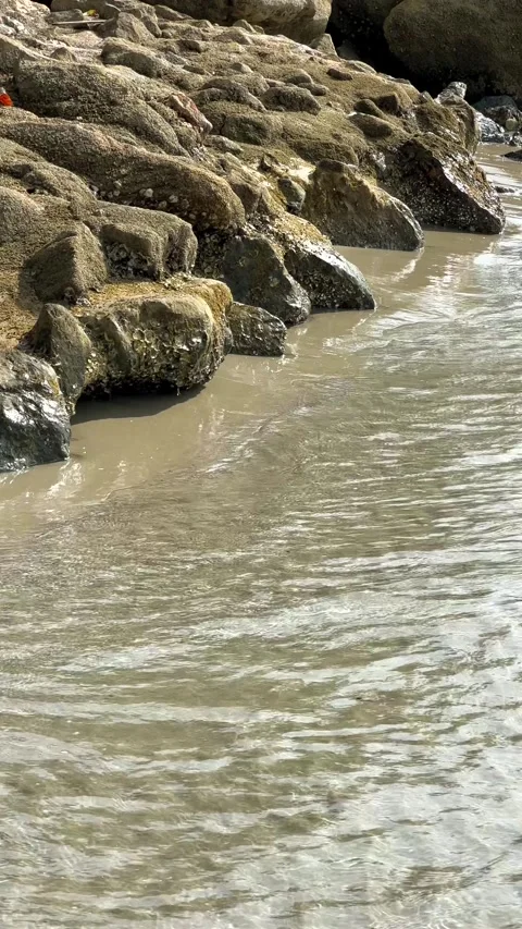 Vertical shot of sea waves hitting rocks at beach Stock Footage 324557363