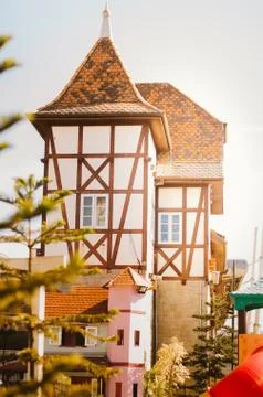 Vertical shot of the side view of a gorgeous colonial german Vila Germnica, B Stock Photos