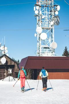 Vertical shot of skiers going up the Pansky Diel trail near Banska Bystrica, Stock Photos