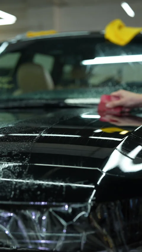 Vertical shot of skilled worker applying protective film to car hood in garage Stock Footage 288252259