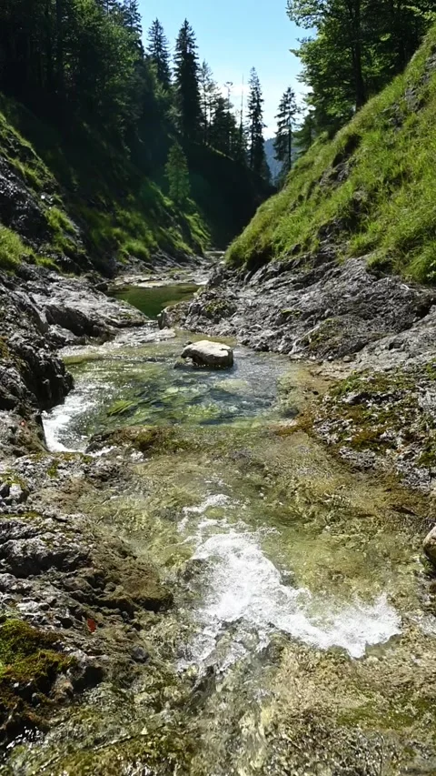 Vertical shot of a slow moving mossy waterfall in alpine surroundings, slow-mot Stock-Footage 260893249