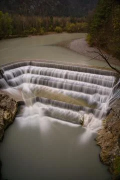Vertical shot of the small Lechfall waterfall located on the Lech River in Germa Stock Photos