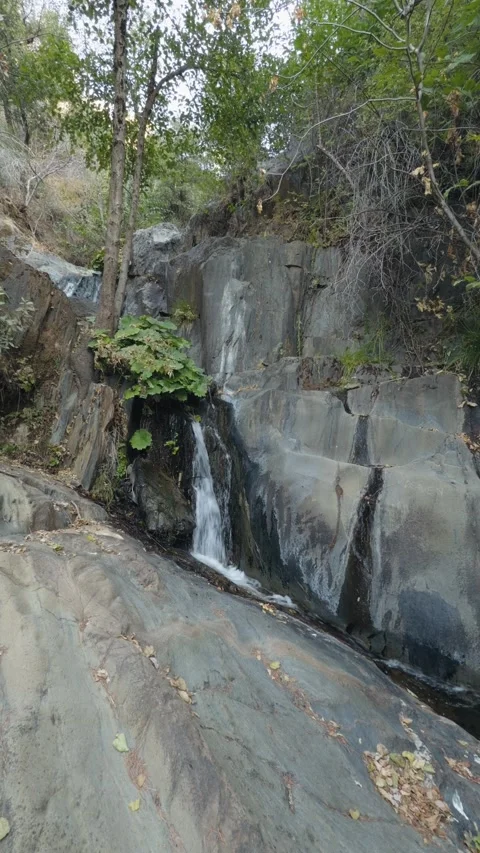 Vertical shot of a small waterfall cascading down a dark rocky cliff Stock-Footage 347117085
