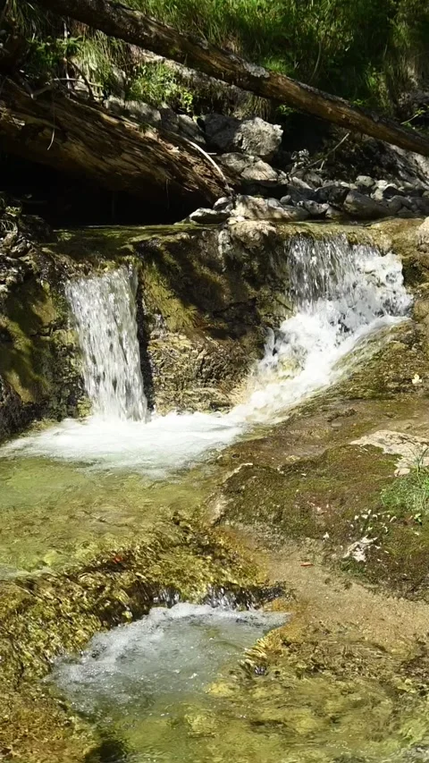 Vertical shot of a small waterfall from a mountain stream in a forest, slow-mo Stock-Footage 260885071