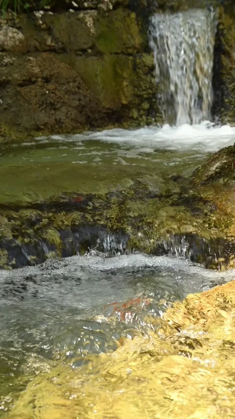 Vertical shot of a small waterfall from a mountain stream in with water swirling Video stock 260885355