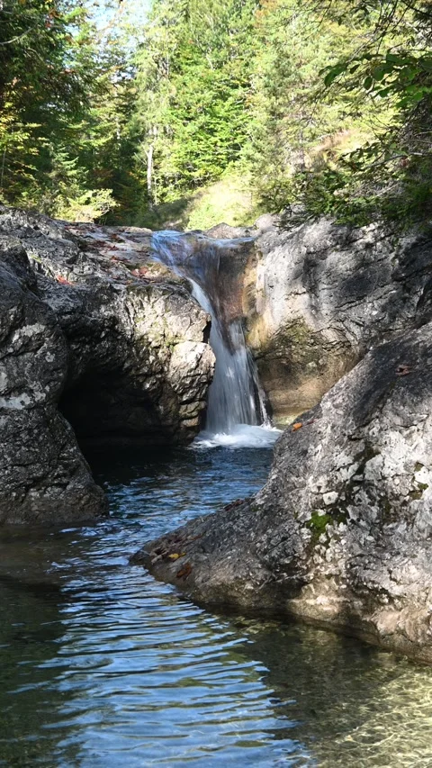 Vertical shot of a smaller waterfall in forest in autumn Stock-Footage 260924646