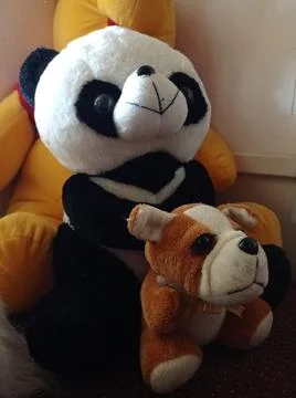 Vertical shot of a soft panda and a sad dog near the white wall of a room Stock Photos