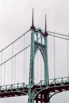 Vertical shot of St. John's Bridge. Portland, Oregon, United States. Stock Photos