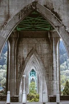 Vertical shot of St. John's Bridge stone arch. Portland, Oregon, United States. Stock Photos