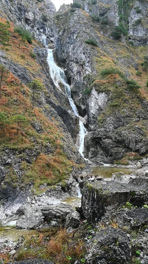 Vertical shot of a stepped waterfall in autumn, orange grass, slow motion Video stock 260896476