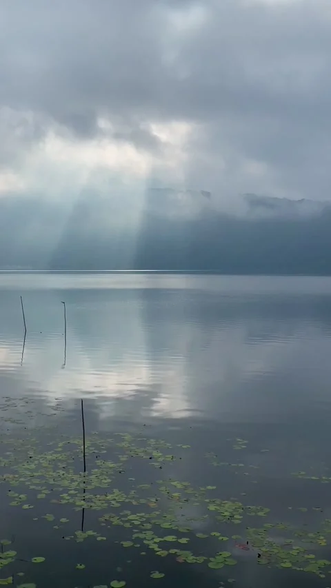Vertical Shot of Sun Rays Shining Through Clouds Over Misty Lake Stock Footage 341038989