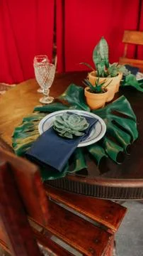 Vertical shot of a table setting using natural elements for a  rustic party Stock Photos