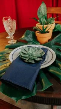 Vertical shot of a table setting using natural elements for a  rustic party Stock Photos
