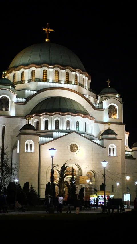 Vertical shot of the Temple of Saint Sava, at night Stock Footage 149426372