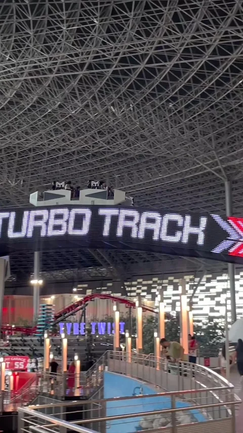 Vertical Shot of Turbo Track Roller Coaster at Ferrari World Abu Dhabi Stock Footage 335736387