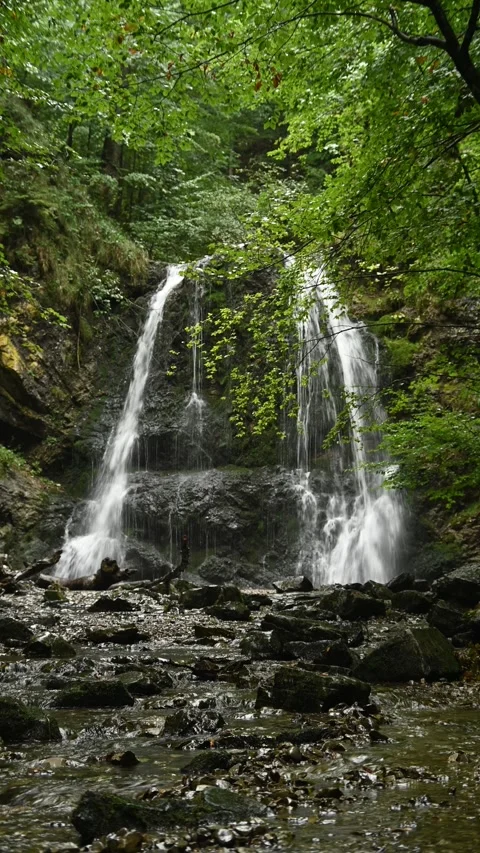 Vertical shot of a twofold waterfall in a summer forest in the evening Stock-Footage 260902123