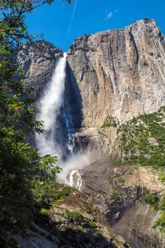 Vertical shot of Upper Yosemite Fall on a beautiful sunny summer day, Epic Stock Photos