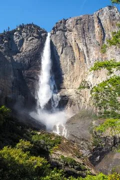 Vertical shot of Upper Yosemite Fall on a beautiful sunny summer day, Epic Stock Photos