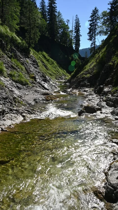 Vertical shot of a v-shaped mountain stream in summer with lens effects Video stock 260878171