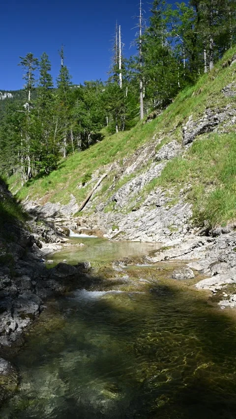 Vertical shot of a v-shaped mountain stream in summer with a shadowy foreground Stock Footage 260878411