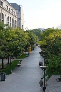 Vertical shot of a walking path through trees in Grands Moulin square in Paris, Stock Photos