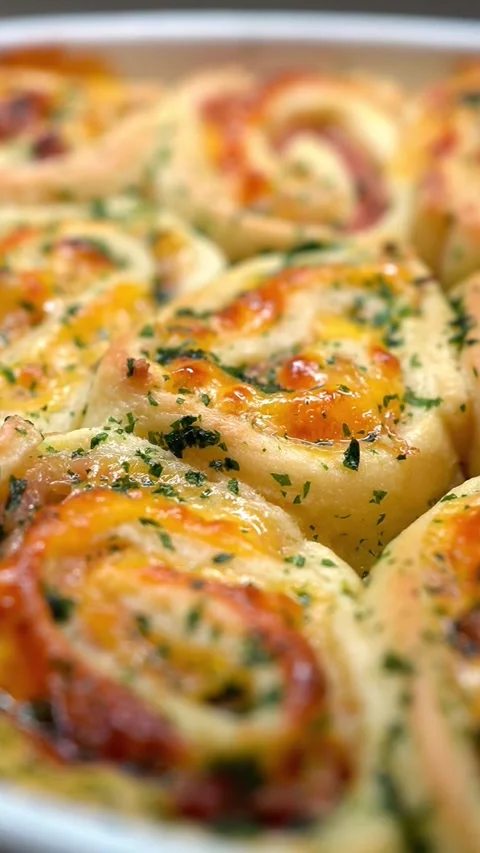 Vertical Shot of Warm Savory Breakfast Rolls with Melted Cheese and Ham Stock Footage 328050130