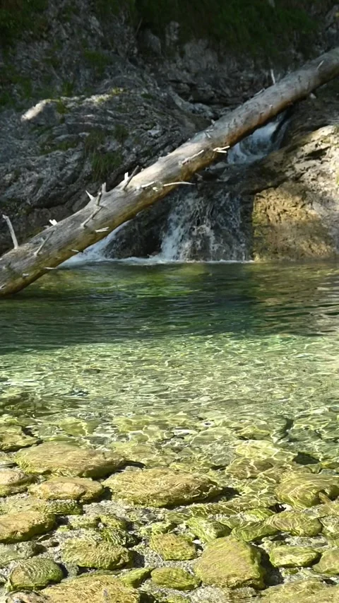 Vertical shot of a wild mountain stream a waterfall, sunlight effects, slow-mo Stock Footage 260884582