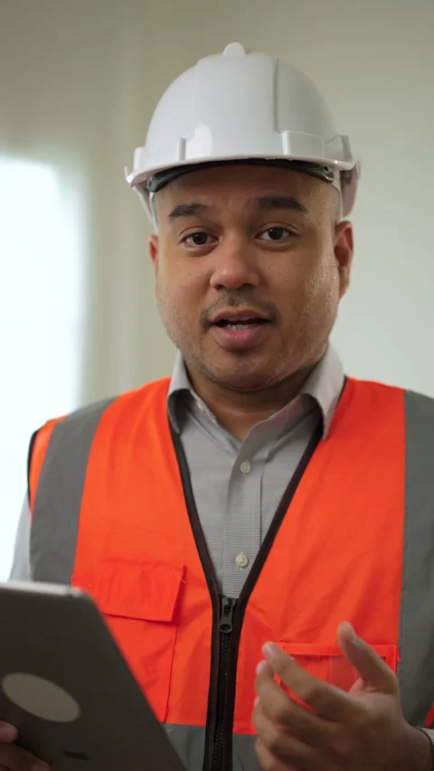 Vertical shots of portrait confident engineer with helmet safety talking. Stock Footage 242482228
