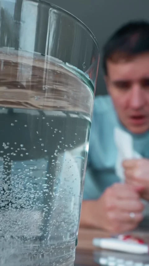 Vertical of Sick man throws pill into glass with water wiping nose Stock Footage 274156013