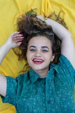 Vertical side profile top above high angle photo beautiful she her lady lying Stock Photos