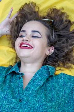 Vertical side profile top above high angle photo beautiful she her lady lying Stock Photos