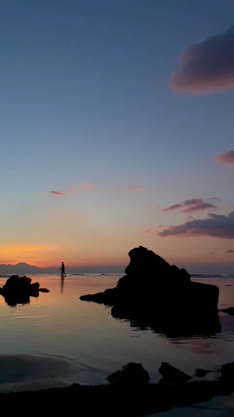 Vertical silhouette of couple walking on beach at sunset in Bali Stock-Footage 343796749