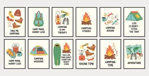 Vertical simple camping poster big set. Summer outdoor activity brochure with Stock Illustration