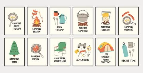 Vertical simple camping poster big set. Summer outdoor activity brochure with Ilustração Stock
