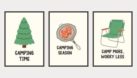 Vertical simple camping poster set. Summer outdoor activity brochure with hiking Ilustração Stock