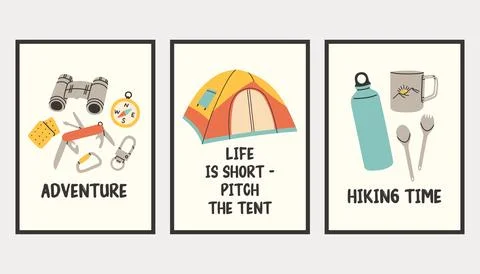 Vertical simple camping poster set. Summer outdoor activity brochure with hiking Stock Illustration