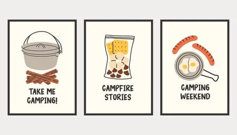 Vertical simple camping poster set. Summer outdoor activity brochure with hiking Stock Illustration