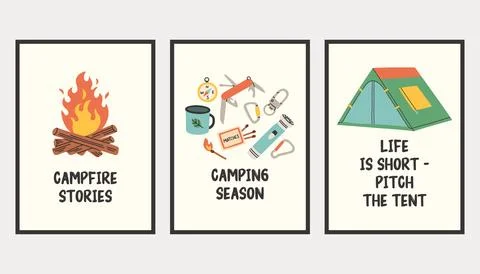 Vertical simple camping poster set. Summer outdoor activity brochure with hiking Ilustração Stock