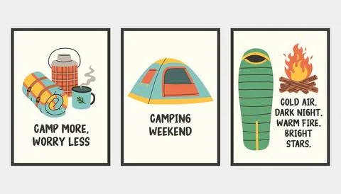 Vertical simple camping poster set. Summer outdoor activity brochure with hiking Ilustração Stock