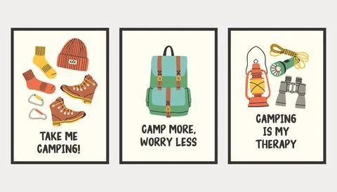 Vertical simple camping poster set. Summer outdoor activity brochure with hiking Stock Illustration