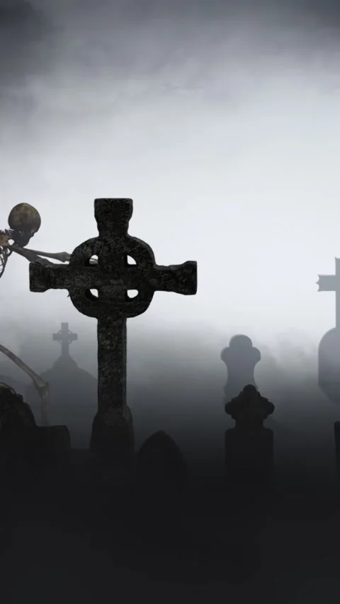 Vertical Skeleton Walking Through a Misty Graveyard 4K Loop Stock Footage 275617703