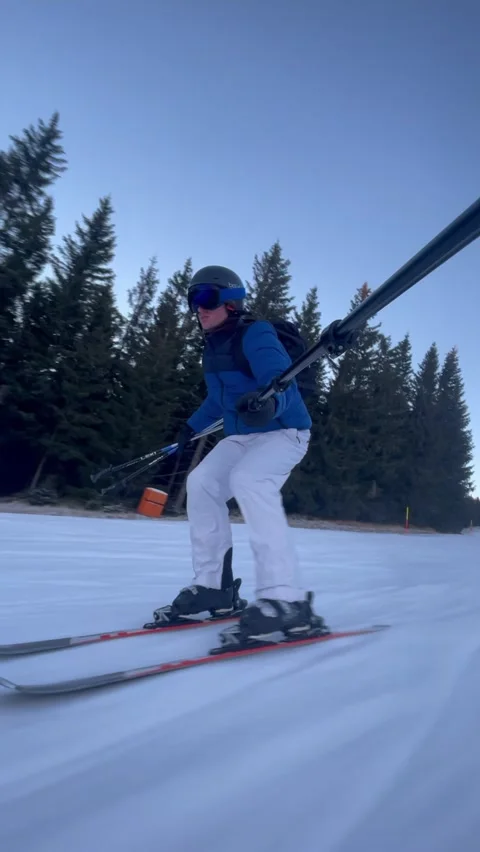 Vertical skier making smooth turn near pine forest on snowy slope Stock Footage 325647632