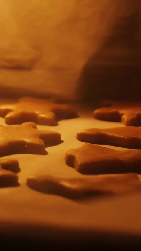 Vertical Slide Shot Over Gingerbread Cookies Baking on Parchment Paper Video stock 321832338