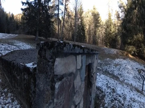 Vertical Sliding, Mossy Concrete Building with Rusty Door, Trentino, Italy Stock Footage 83585100