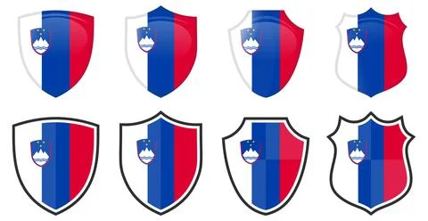 Vertical Slovenia flag in shield shape, four 3d and simple versions. Slovene  Illustrazione stock