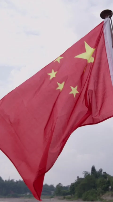 Vertical Slow motion of Chinese flag waving against greenery Stock Footage 290478058