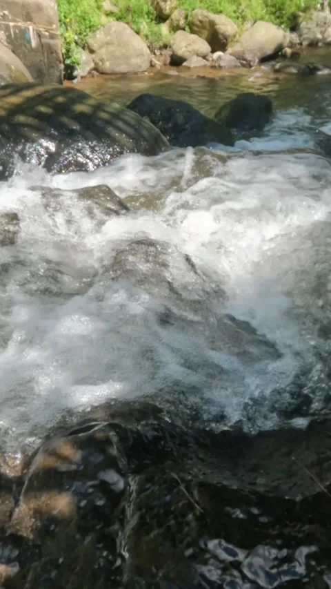 Vertical slow motion of a clear mountain river flowing through a rocky cascade Stock Footage 321265836