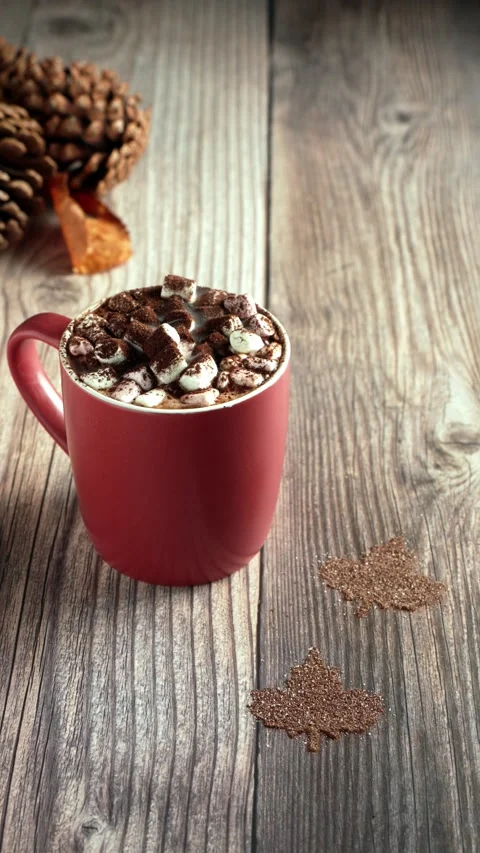 Vertical slow motion of cozy autumn hot chocolate with marshmallows and rising Stock Footage 345165696