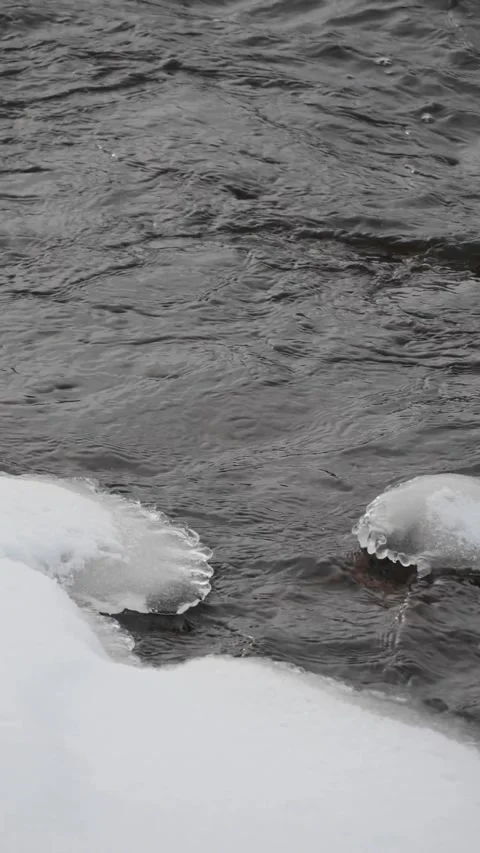 Vertical Slow Motion: Dark Rippling River Water and Snowy Ice Edge Stock Footage 326216410