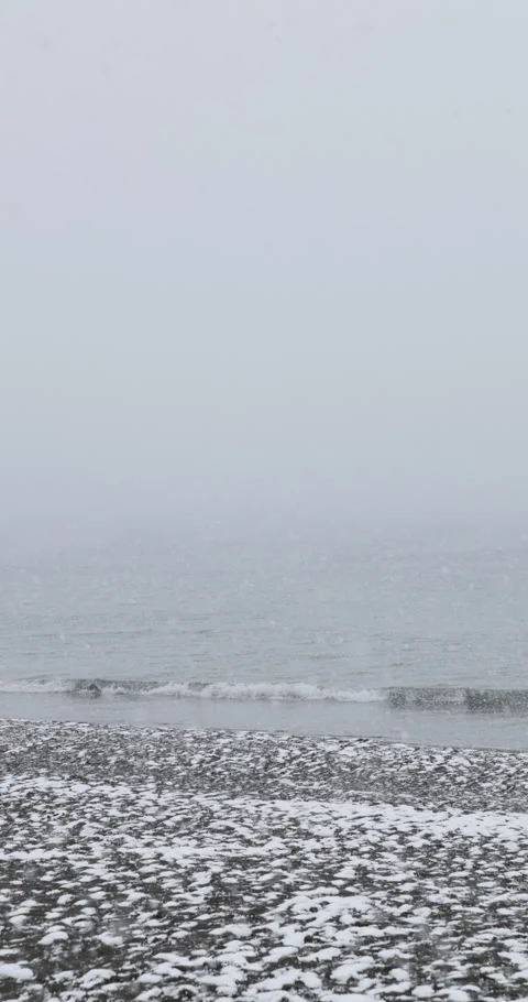 Vertical slow motion eboshi rock seen from a snowy beach in Japan Video stock 348203494